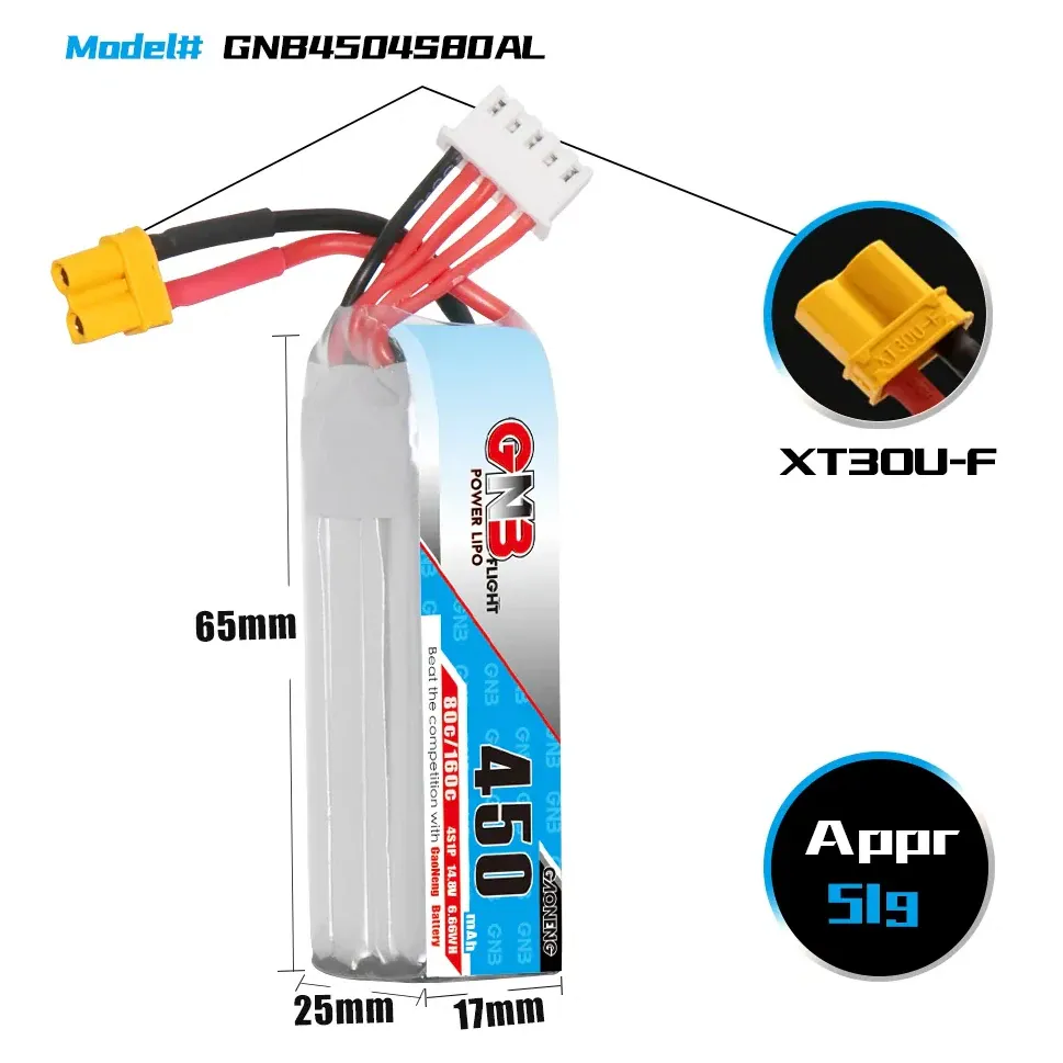 GAONENG GNB 450mAh 4S 80C XT30 LiPo Battery (Long)
