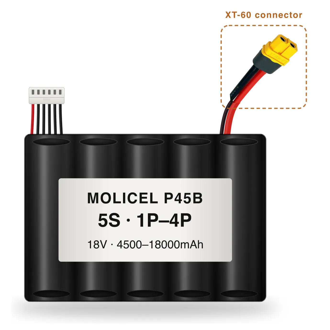 Molicel P45B 5S 1P–4P 4500–18000mAh Li-ion battery pack with XT-60 connector