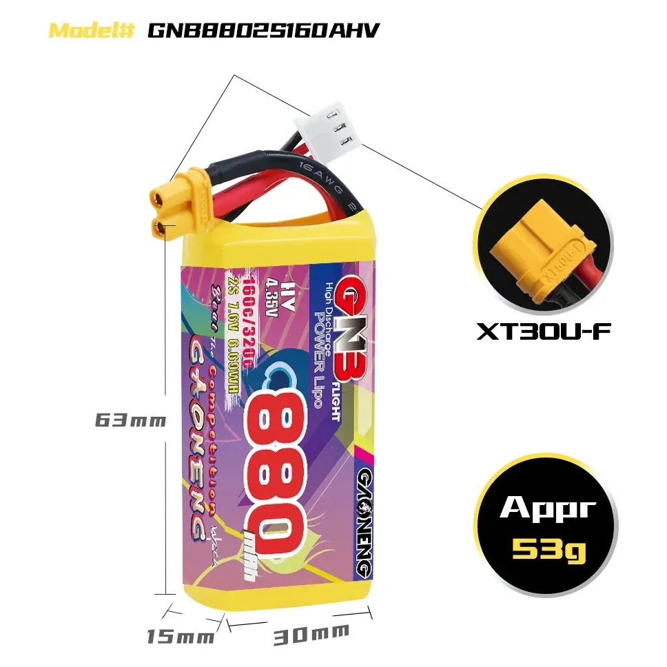 GAONENG GNB 880mAh 2S 7.6V 160C XT30 LiPo Battery