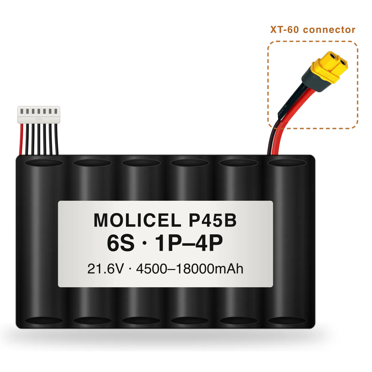 Molicel P45B 6S 1P–4P 4500–18000mAh Li-ion battery pack with XT-60 connector