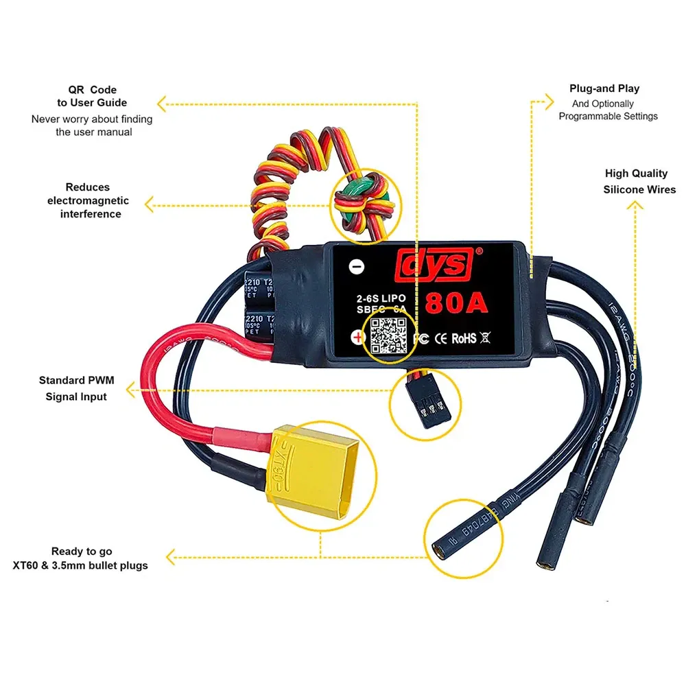 DYS 80A 2-6S Brushless ESC with 5V/6A SBEC, XT90 & 4mm Bullets