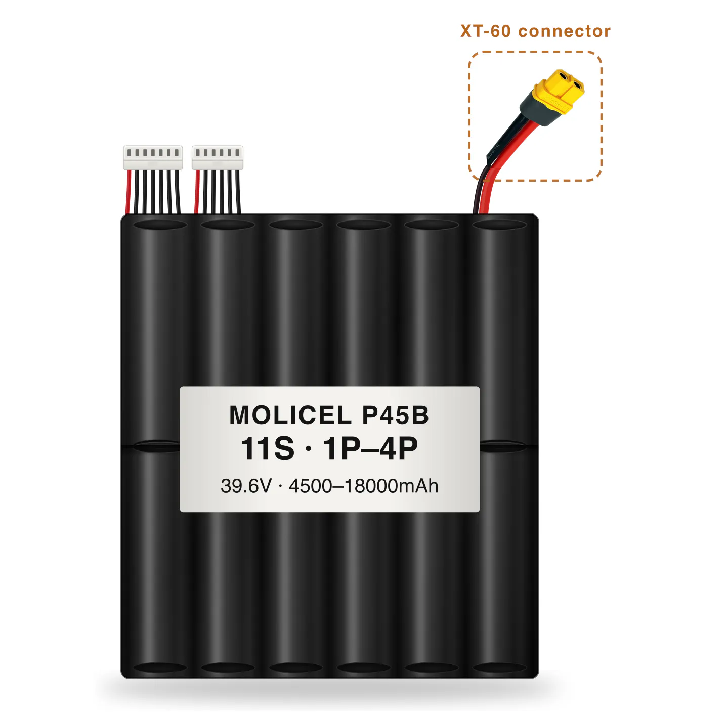 Molicel P45B 11S 1P–4P 4500–18000mAh Li-ion battery pack with XT-60 connector