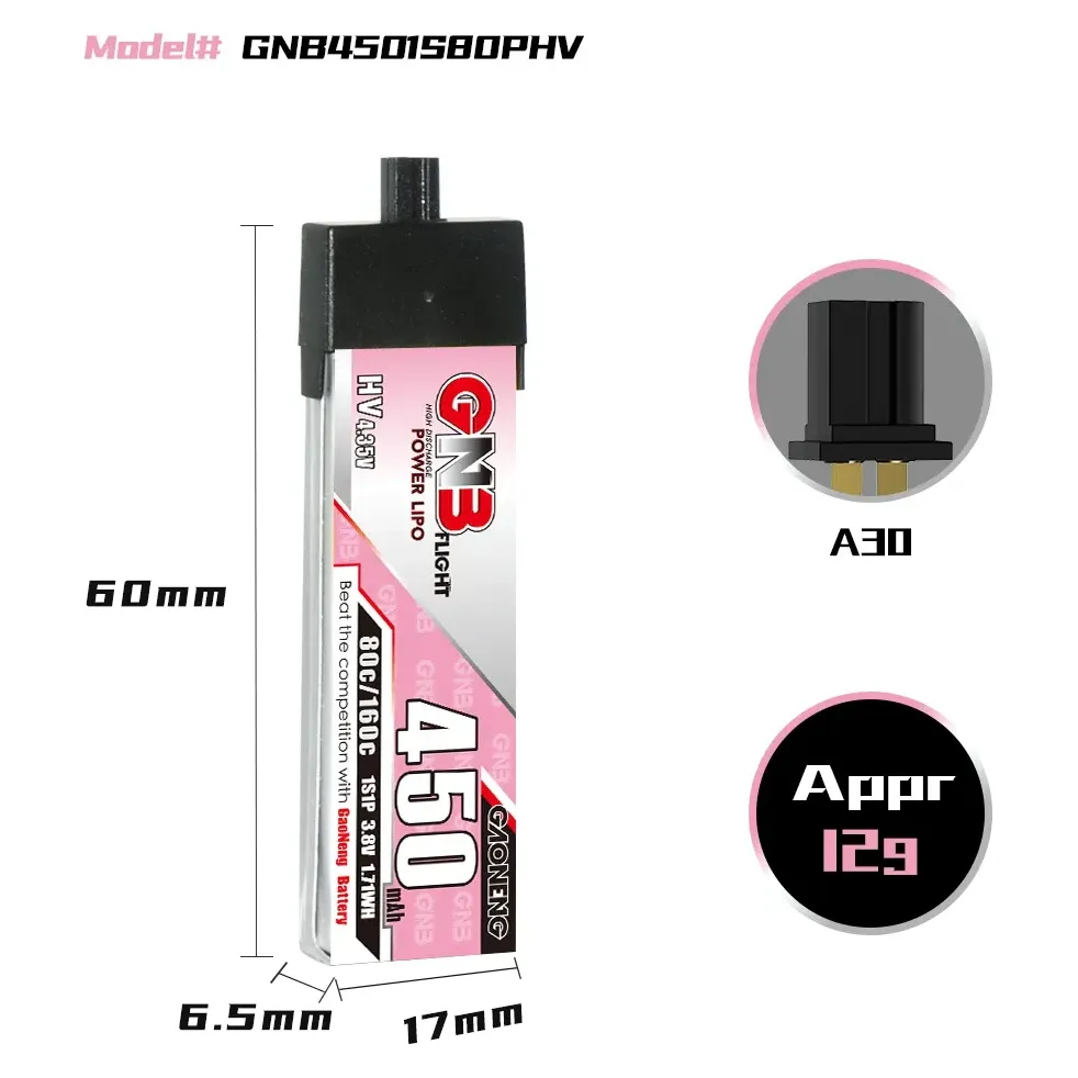 GAONENG GNB LiHV 450mAh 1S 3.8V 80C A30 Battery