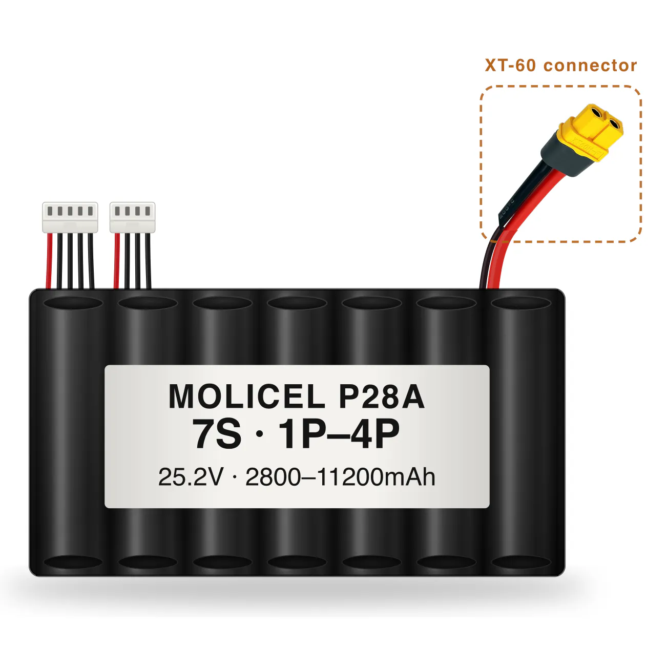 Molicel P28A 7S 1P–4P 2800–11200mAh Li-ion battery pack with XT-60 connector