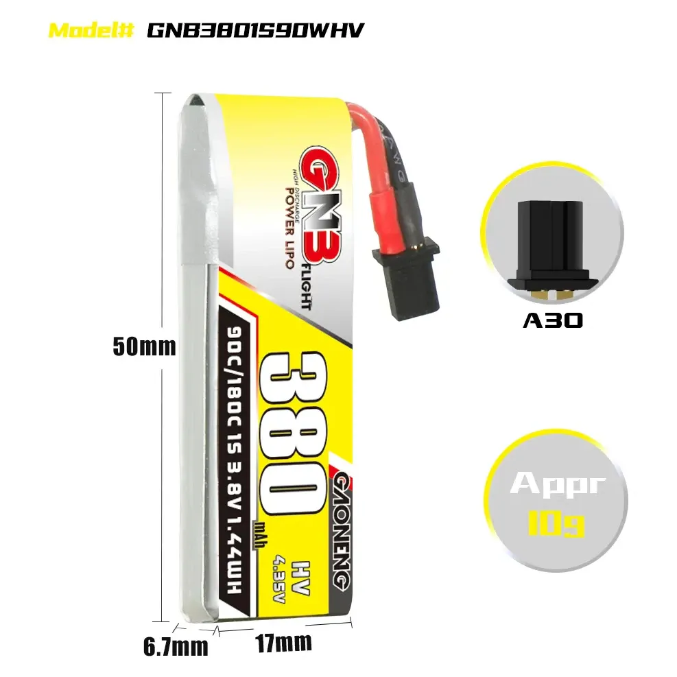 GAONENG GNB LiHV 1S 3.8V 380mAh 90C Battery (A30, Cabled)