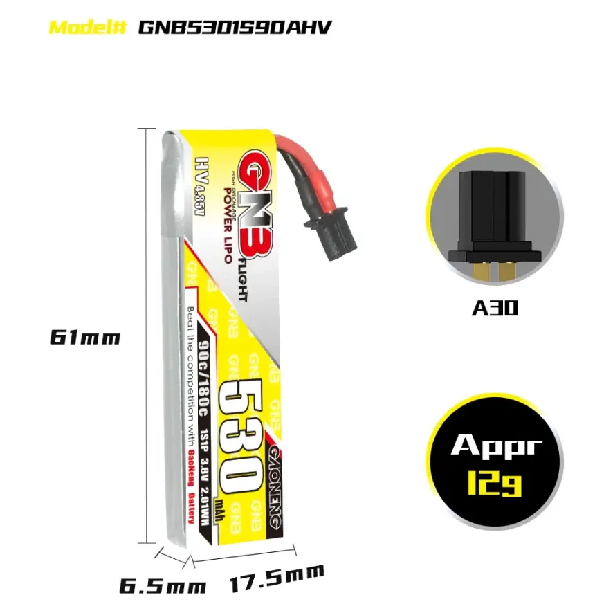 GNB LiHV 1S 3.8V 530mAh 90C A30 BT2.0 Battery — Connector: A30 Cabled