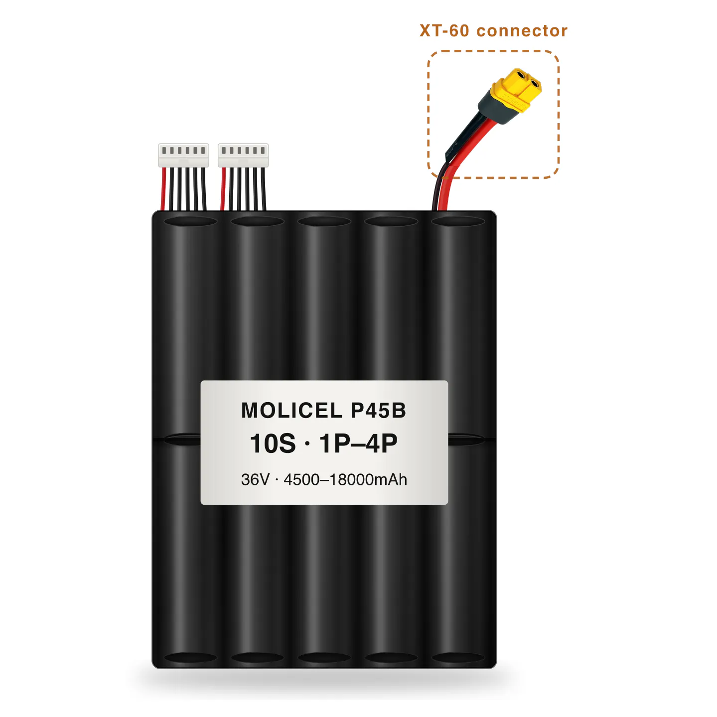 Molicel P45B 10S 1P–4P 4500–18000mAh Li-ion battery pack with XT-60 connector