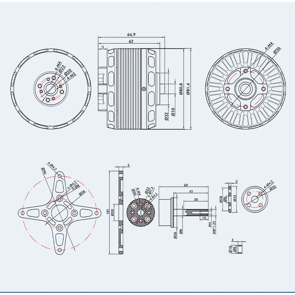 T-Motor AT7224 KV190 Long Shaft Brushless Motor