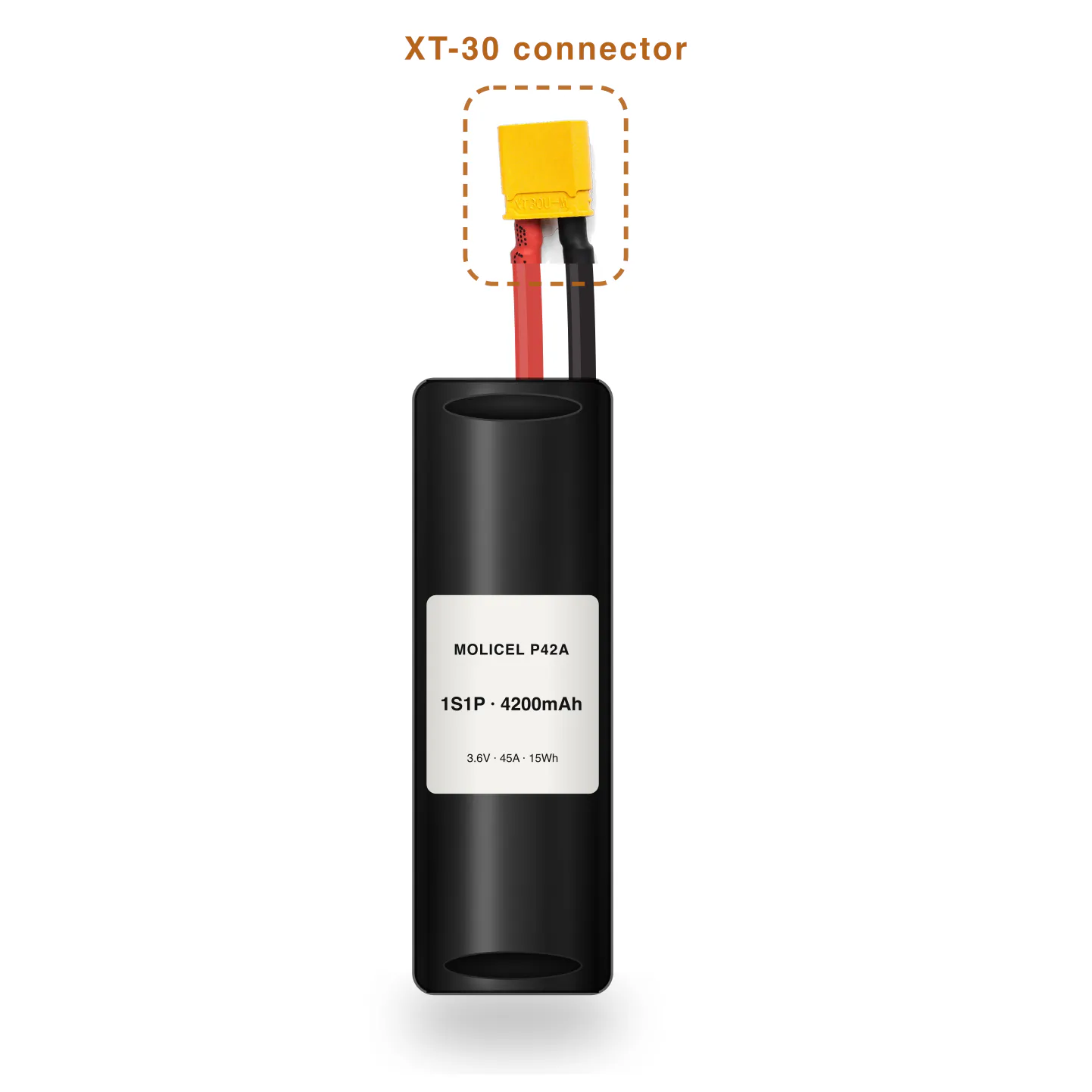 Molicel P42A 1S1P 4200mAh Li-ion battery pack with XT-30 connector