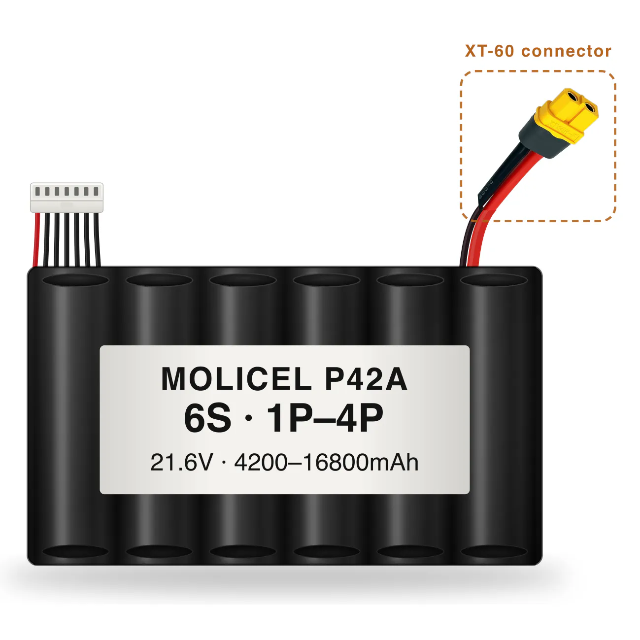Molicel P42A 6S 1P–4P 4200–16800mAh Li-ion battery pack with XT-60 connector