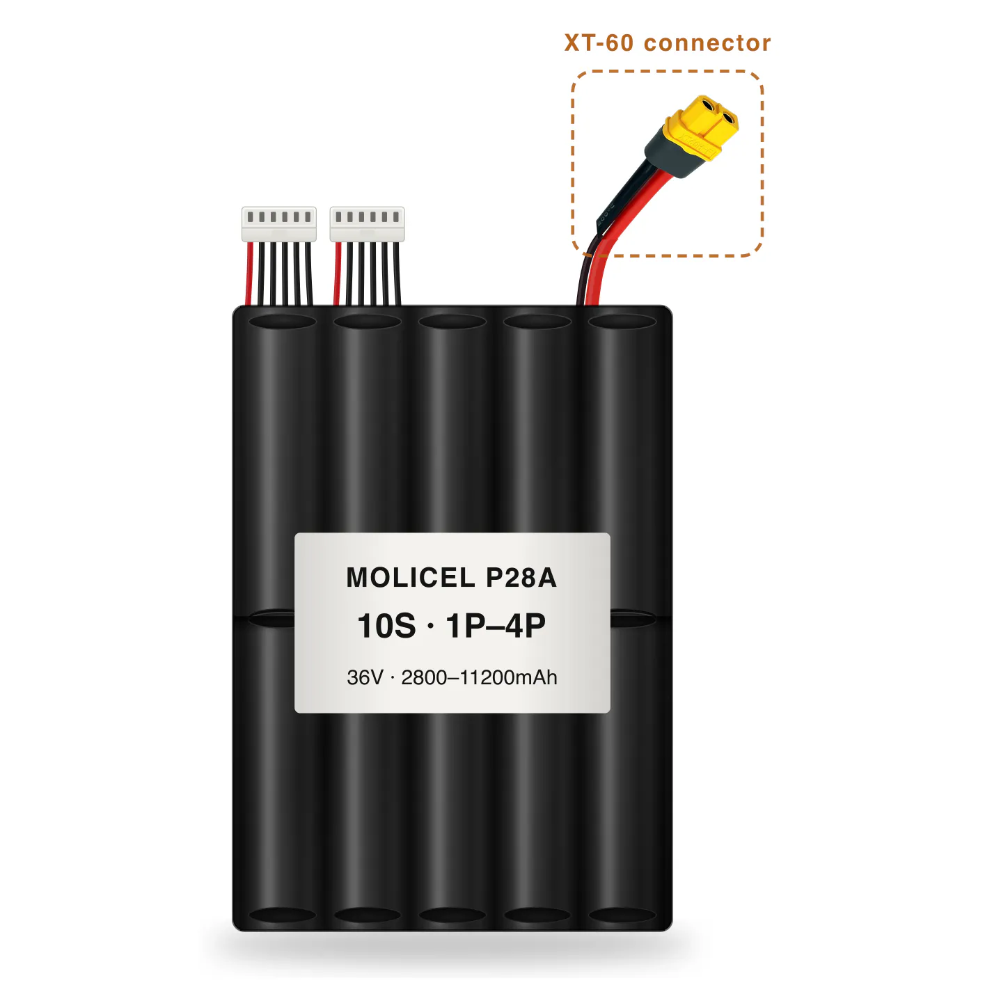 Molicel P28A 10S 1P–4P 2800–11200mAh Li-ion battery pack with XT-60 connector