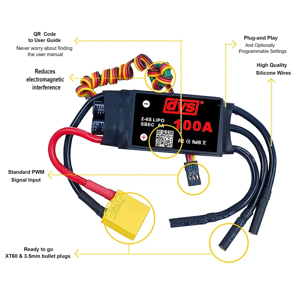 DYS 100A 2-6S Brushless ESC with 5V/6A SBEC, XT90 & 4.0mm Bullets