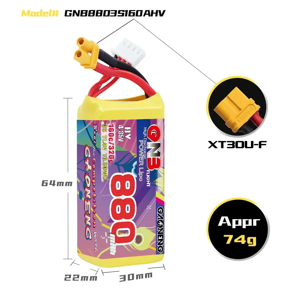 GNB 3S 11.4V 880mAh 160C LiPo Battery (XT30)