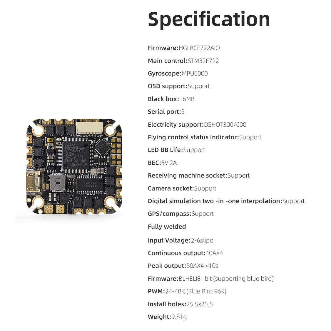 HGLRC Specter 40A AIO 4-6S Flight Controller (MPU6000)