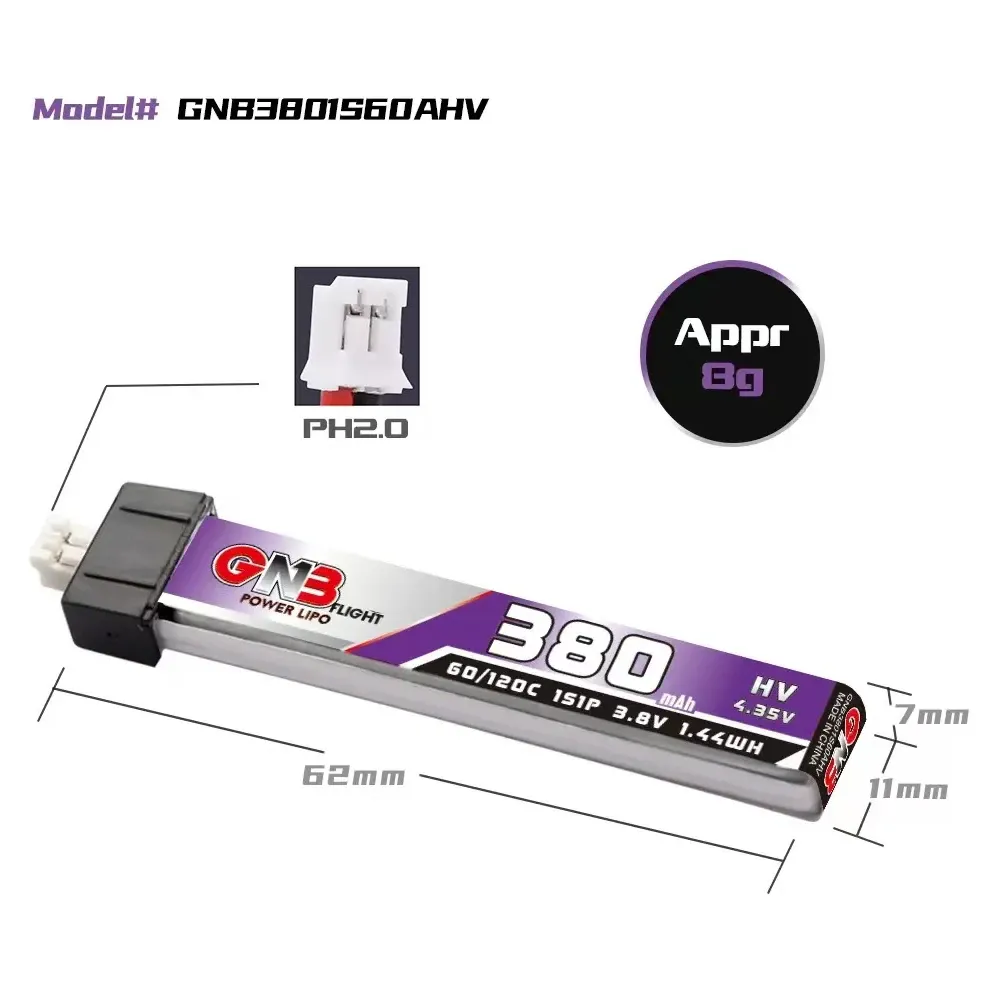 GAONENG GNB LiHV 1S 3.8V 380mAh 60C Whoop Battery