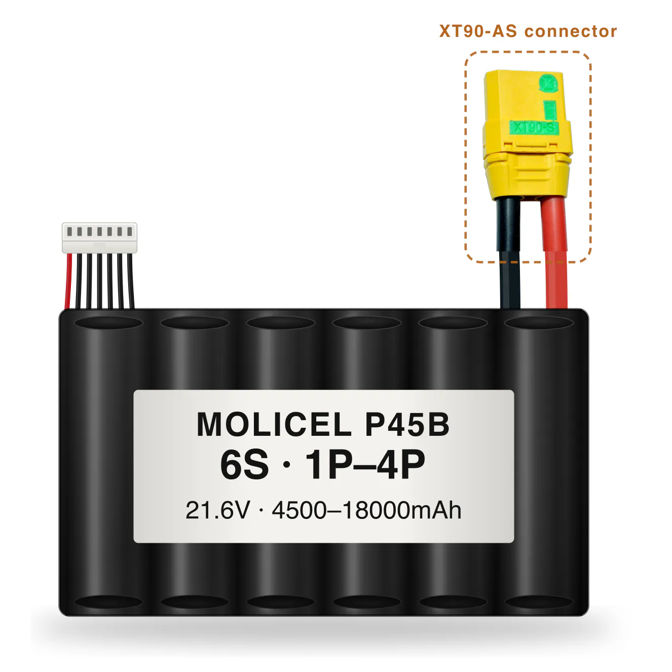 Molicel P45B 6S 1P–4P 4500–18000mAh Li-ion battery pack with XT90-AS connector