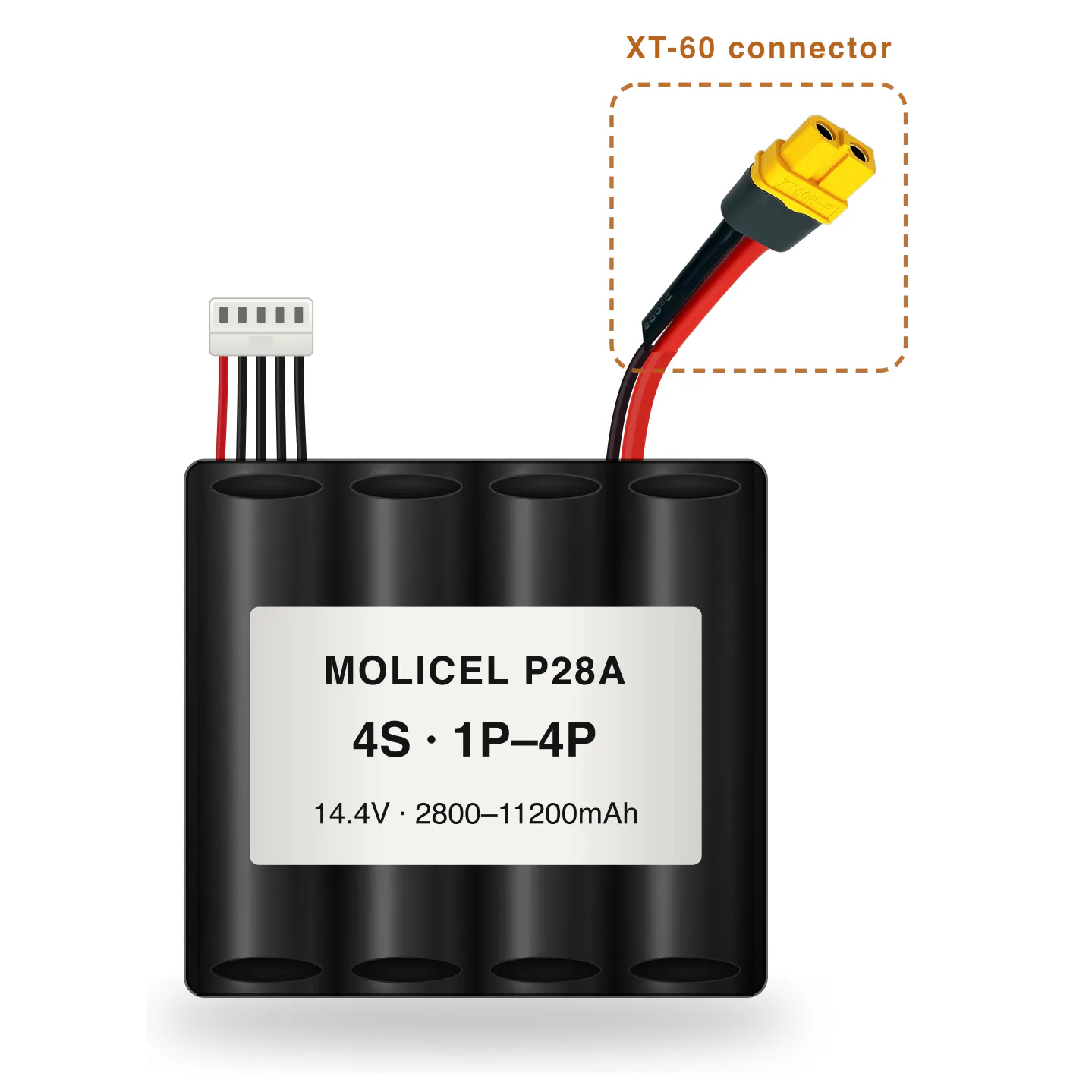 Molicel P28A 4S 1P–4P 2800–11200mAh Li-ion battery pack with XT-60 connector
