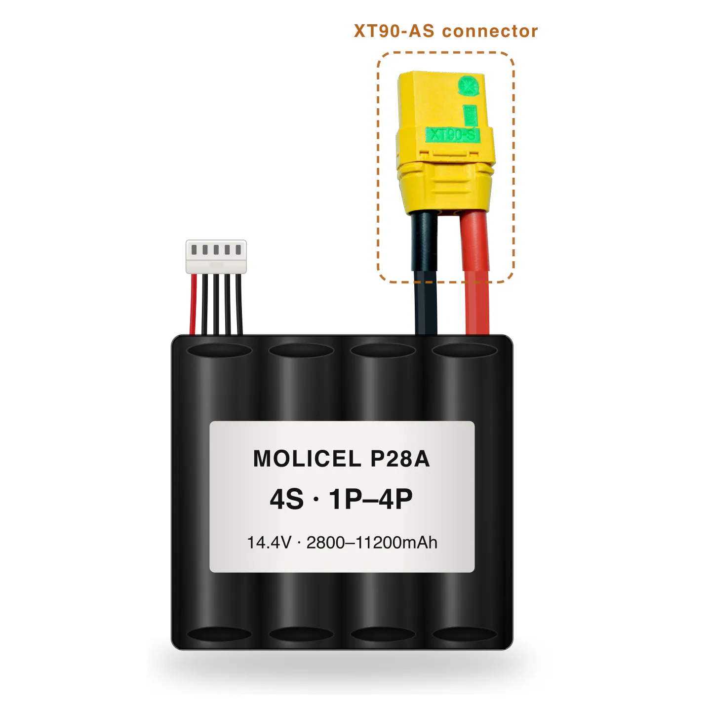 Molicel P28A 4S 1P–4P 2800–11200mAh Li-ion battery pack with XT90-AS connector