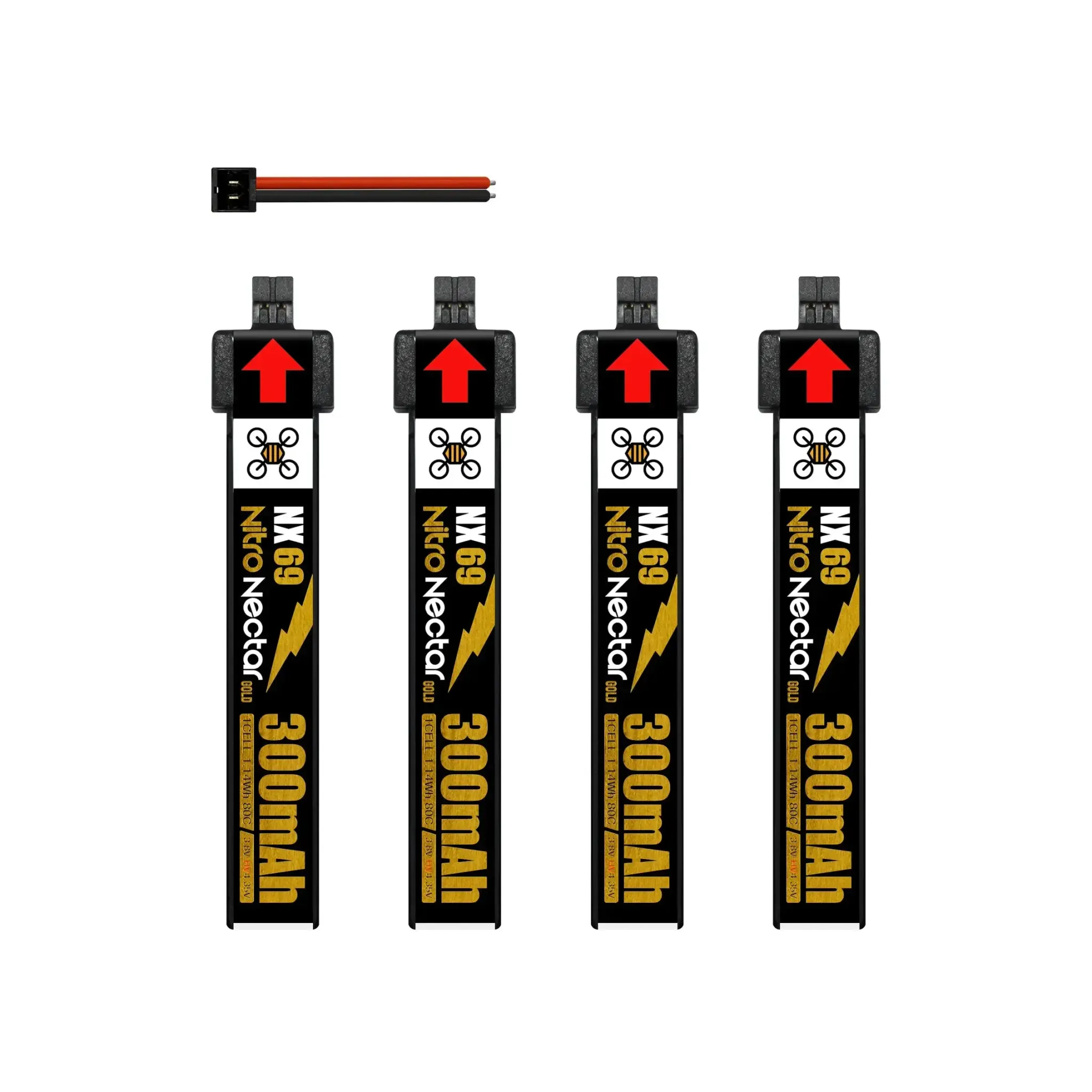 NewBeeDrone Nitro Nectar NX69 1S 300mAh 80C HV LiPo Battery — Quantity: 4 Batteries
