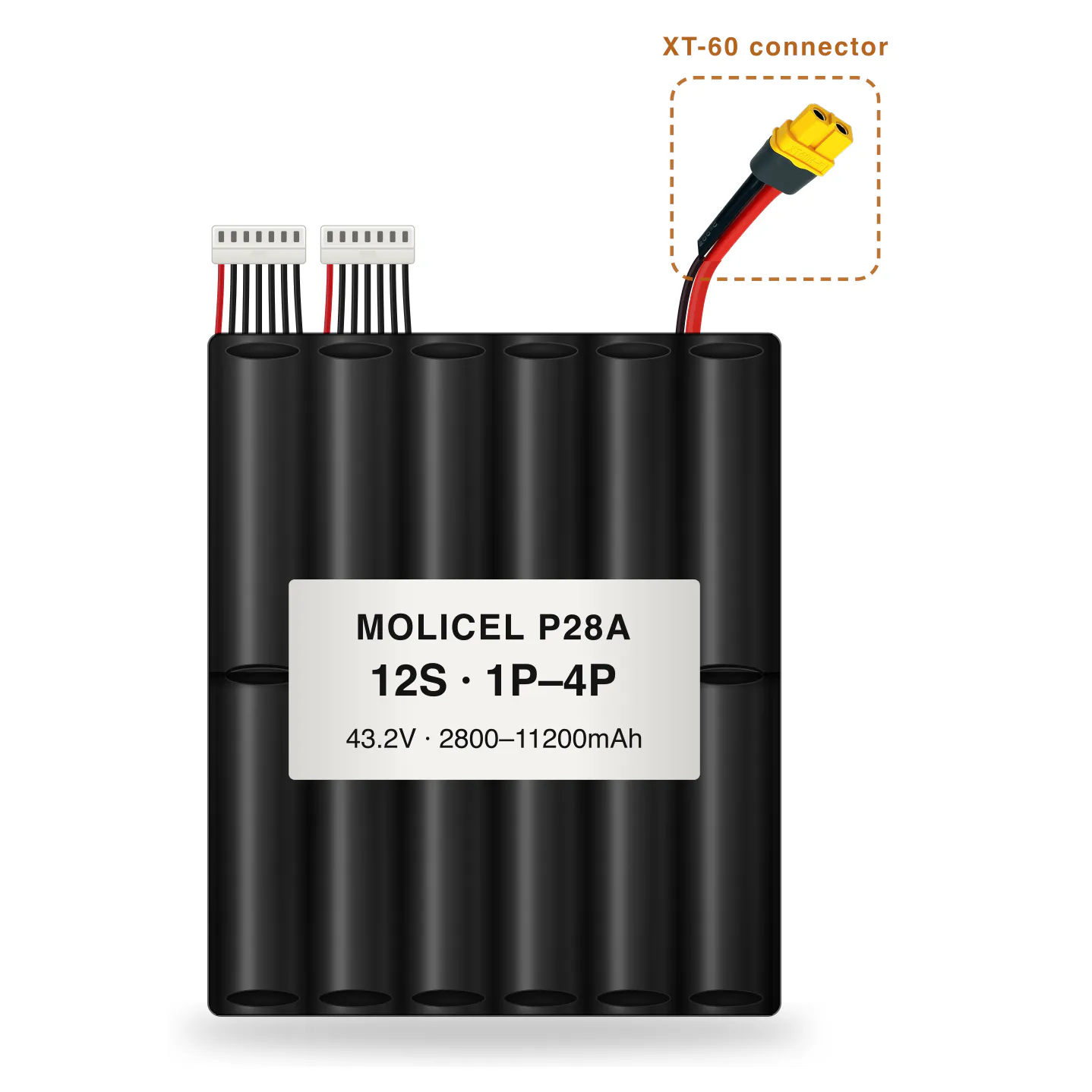 Molicel P28A 12S 1P–4P 2800–11200mAh Li-ion battery pack with XT-60 connector