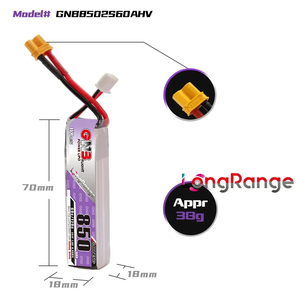 GAONENG GNB 850mAh 2S 7.6V 60C XT30 LiHV Battery (Long)