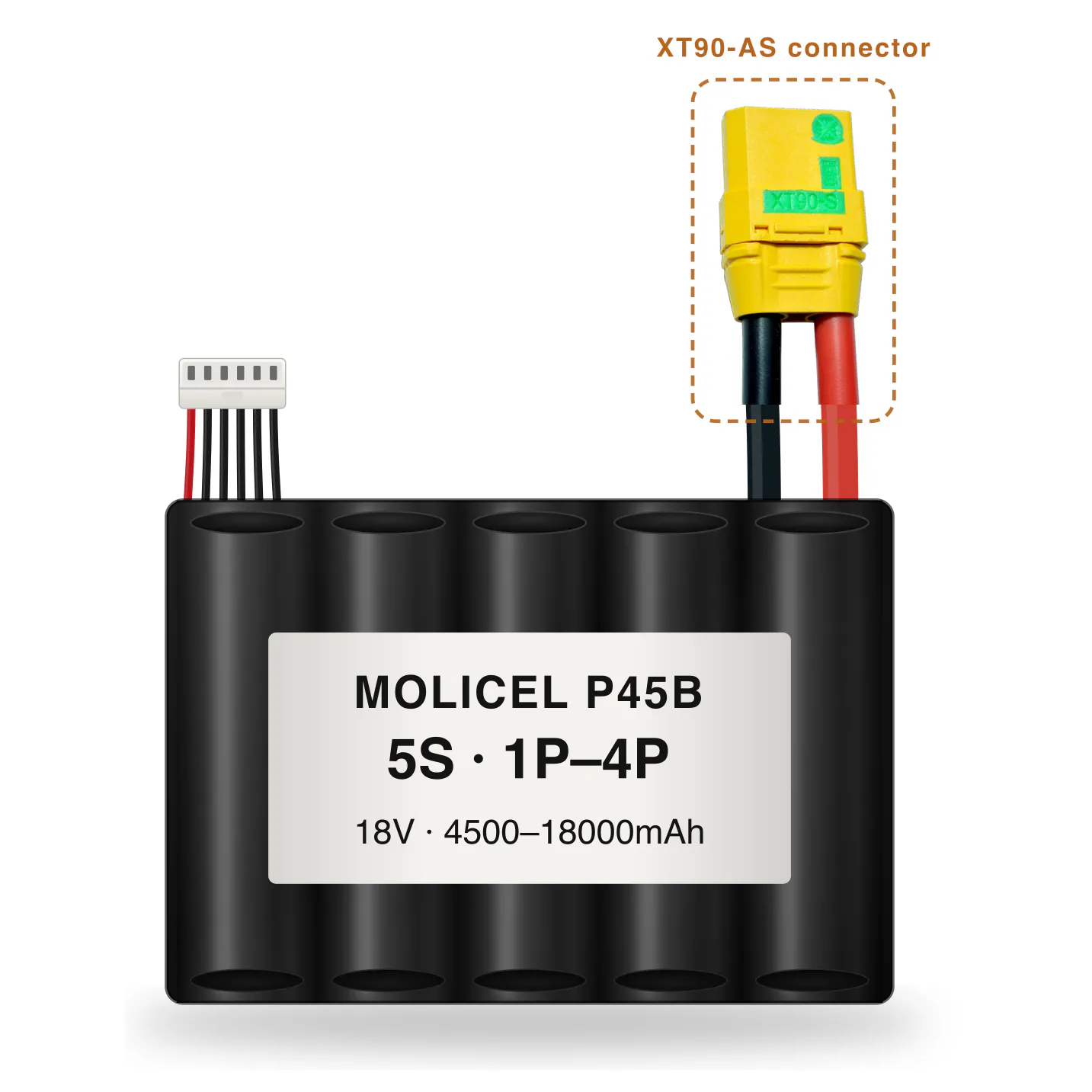 Molicel P45B 5S 1P–4P 4500–18000mAh Li-ion battery pack with XT90-AS connector