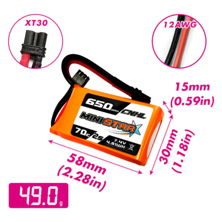 CNHL MiniStar 650mAh 2S 7.4V 70C LiPo Battery (XT30U)