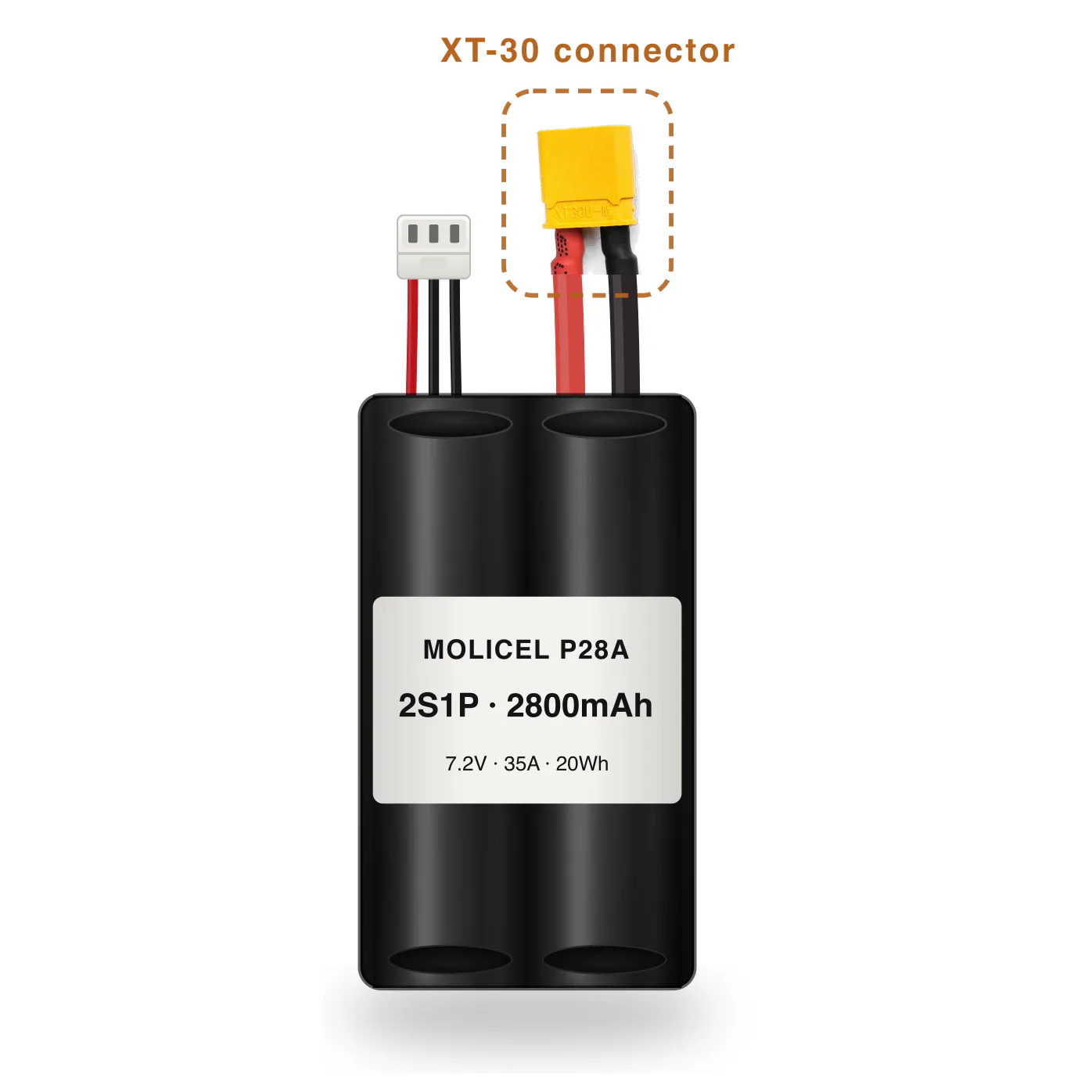 Molicel P28A 2S1P 2800mAh Li-ion battery pack with XT-30 connector
