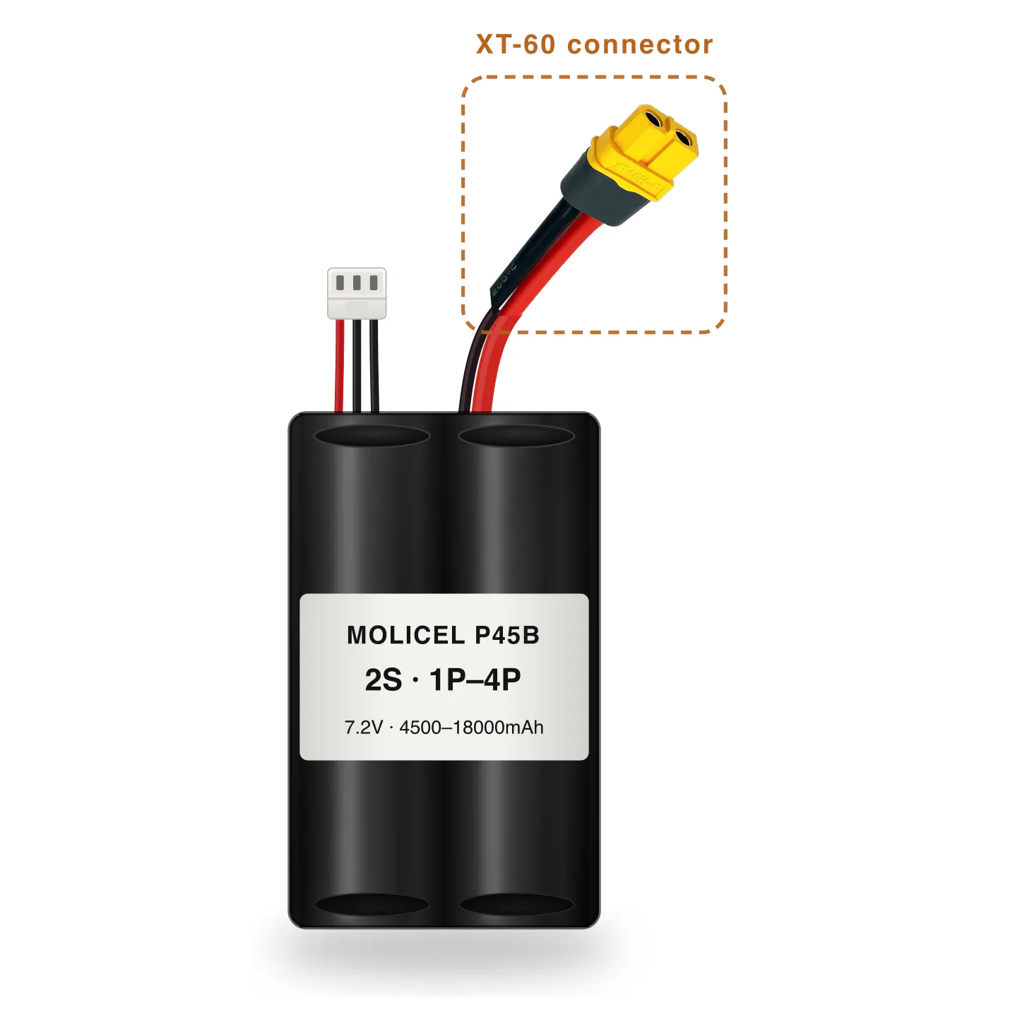 Molicel P45B 2S 1P–4P 4500–18000mAh Li-ion battery pack with XT-60 connector