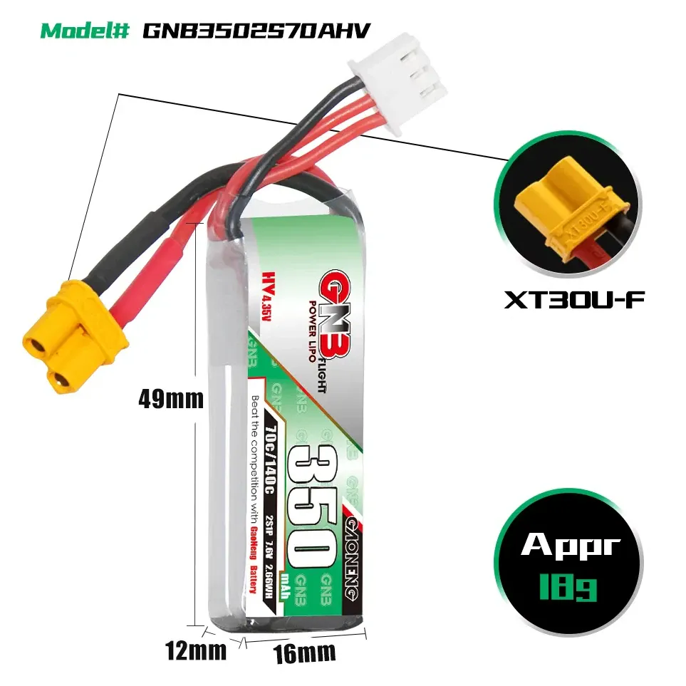 Gaoneng GNB 350mAh 2S 7.6V 70C LiHV Battery (XT30)