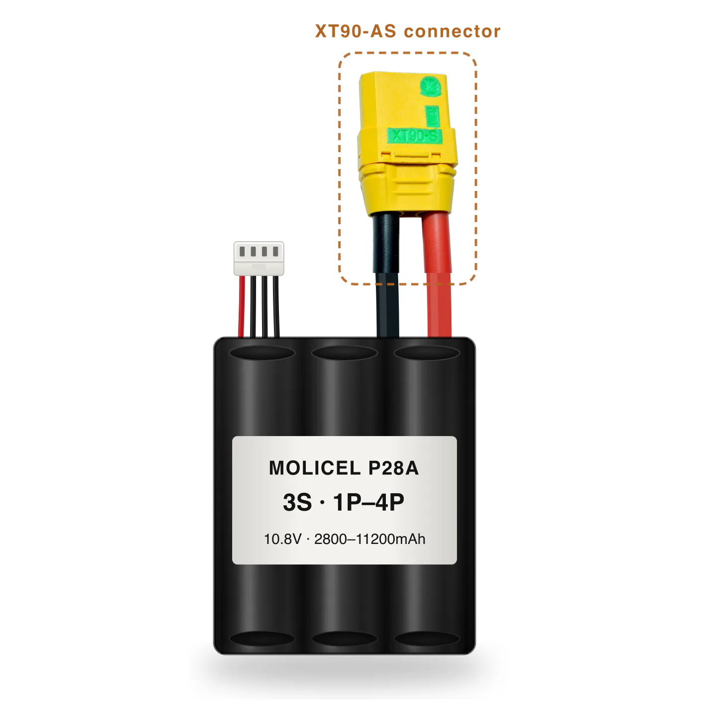 Molicel P28A 3S 1P–4P 2800–11200mAh Li-ion battery pack with XT90-AS connector