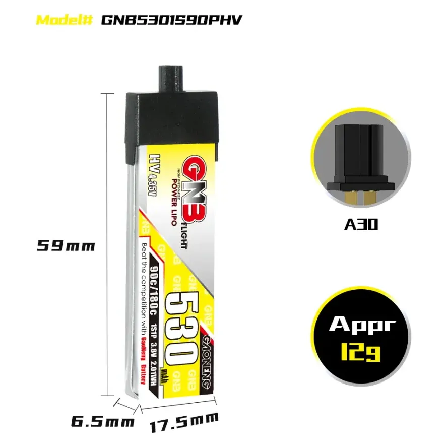GNB LiHV 1S 3.8V 530mAh 90C A30 BT2.0 Battery — Connector: A30 Plastic Head