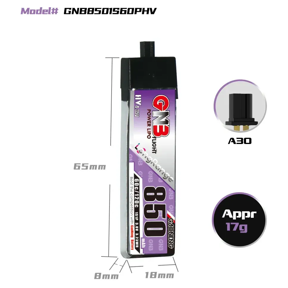 GAONENG GNB 1S 3.8V 850mAh 60C LiHV Battery (A30)