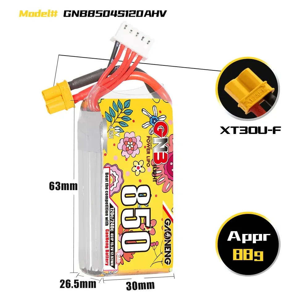 GNB 850mAh 4S 15.2V 120C LiHV Battery (XT30)