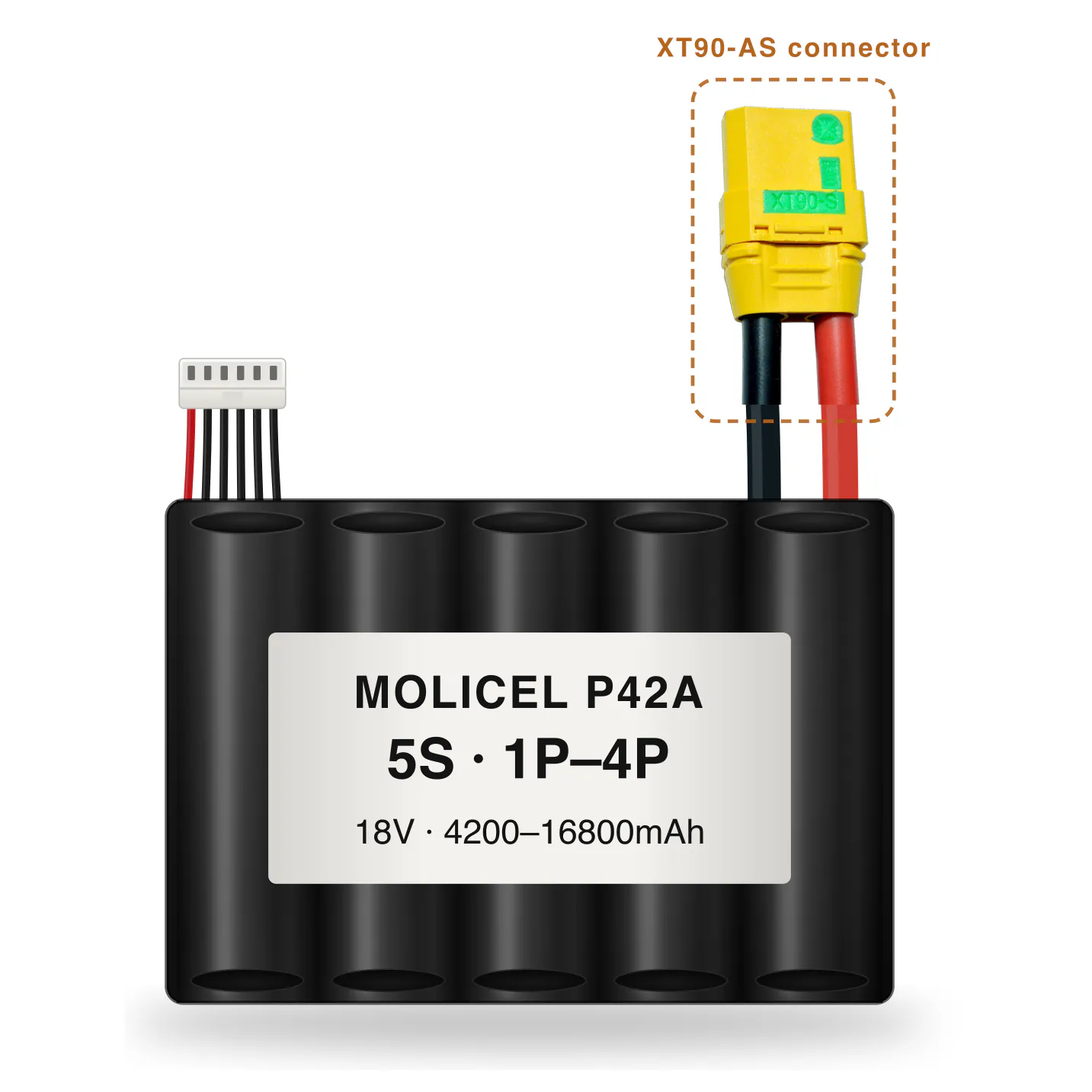 Molicel P42A 5S 1P–4P 4200–16800mAh Li-ion battery pack with XT90-AS connector