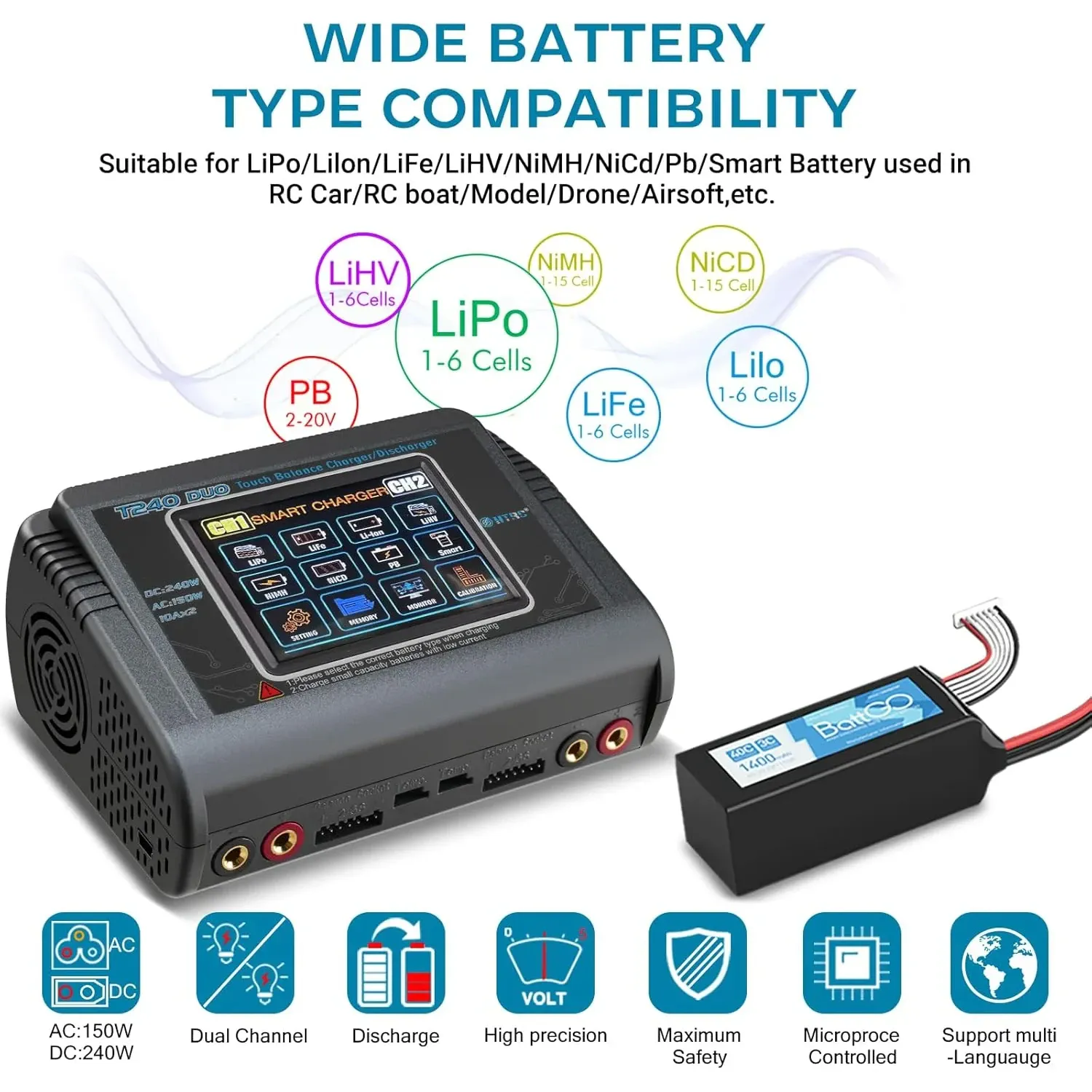 HTRC T240 Duo AC/DC Balance Charger (150W/240W, 10A)