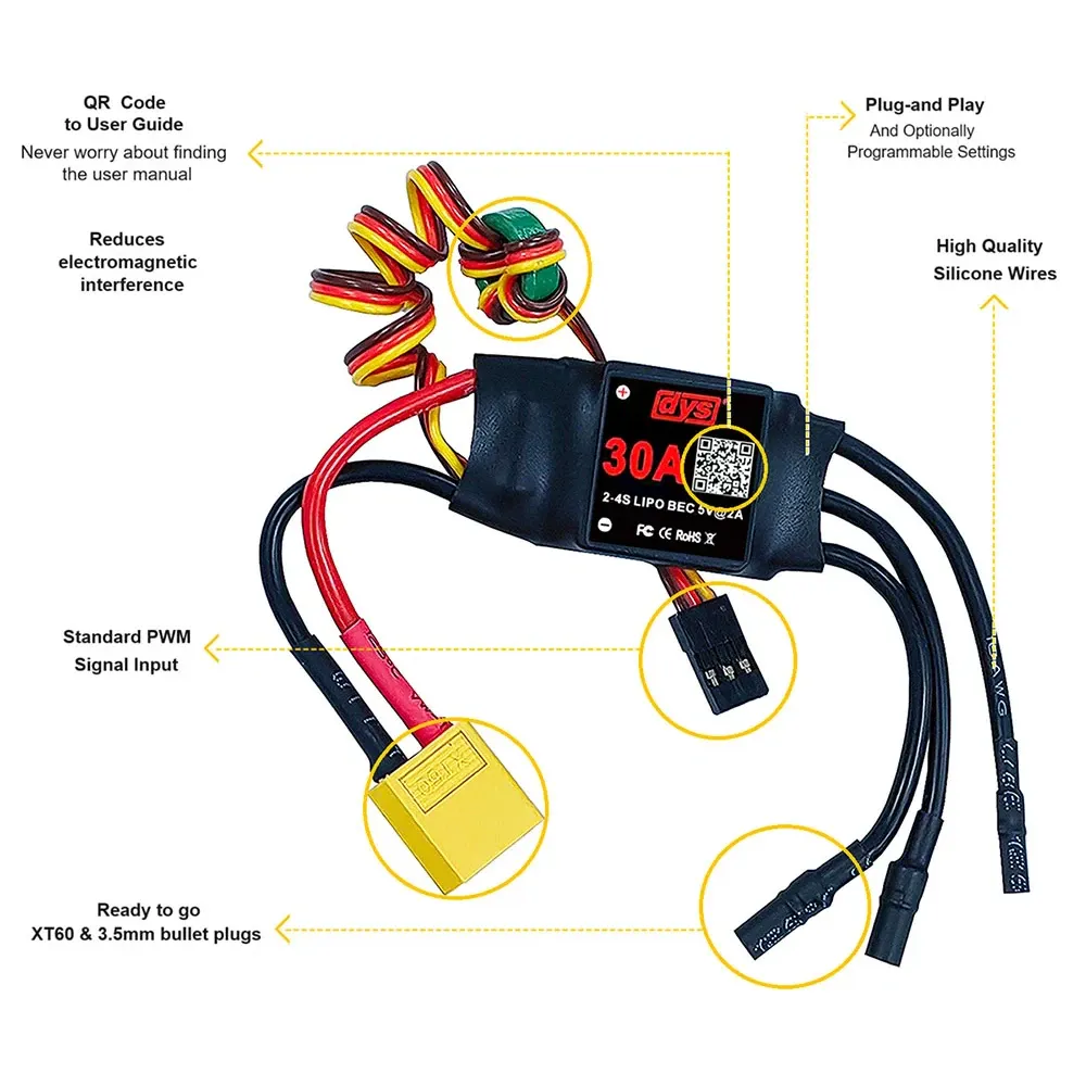 DYS 30A 2-4S Brushless ESC with 5V/2A BEC, XT60 & 3.5mm Bullets