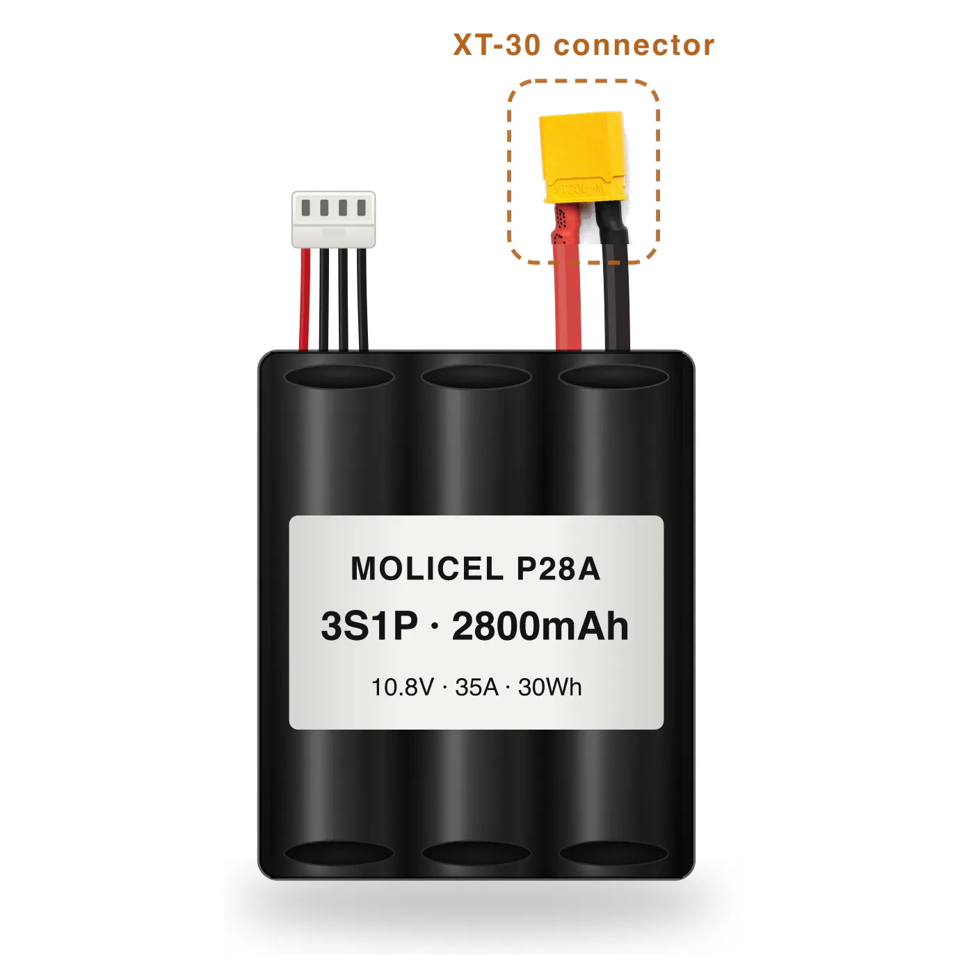 Molicel P28A 3S1P 2800mAh Li-ion battery pack with XT-30 connector