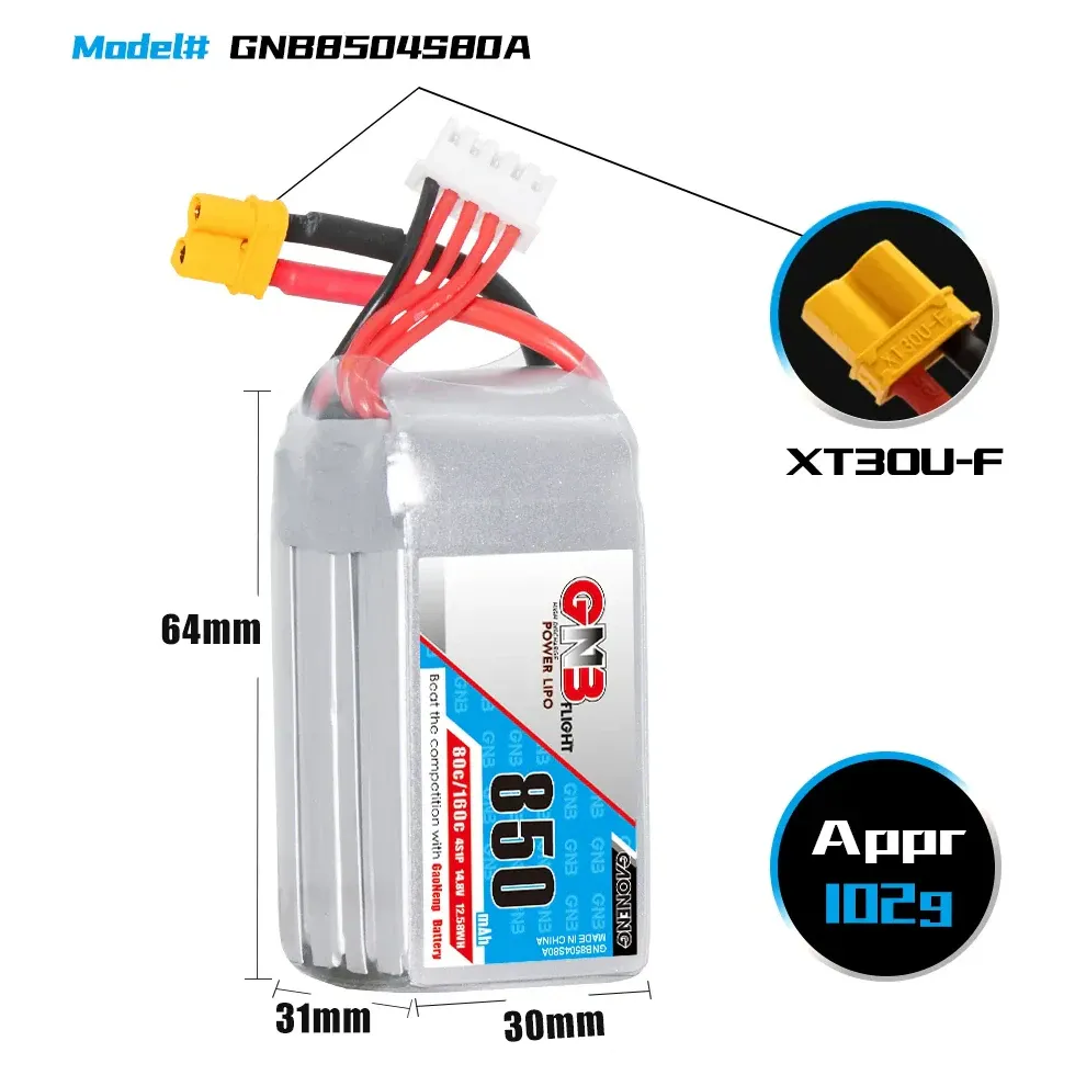 GAONENG GNB 850mAh 4S 14.8V 80C XT30 LiPo Battery