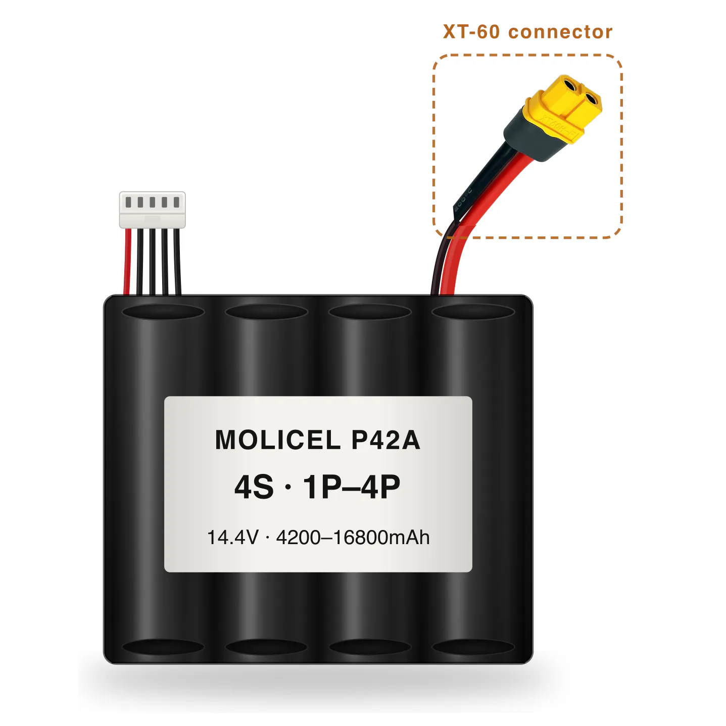 Molicel P42A 4S 1P–4P 4200–16800mAh Li-ion battery pack with XT-60 connector