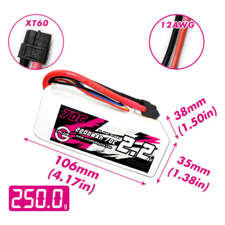 CNHL G+Plus 2200mAh 4S 14.8V 70C LiPo Battery, 2-Pack (XT60)
