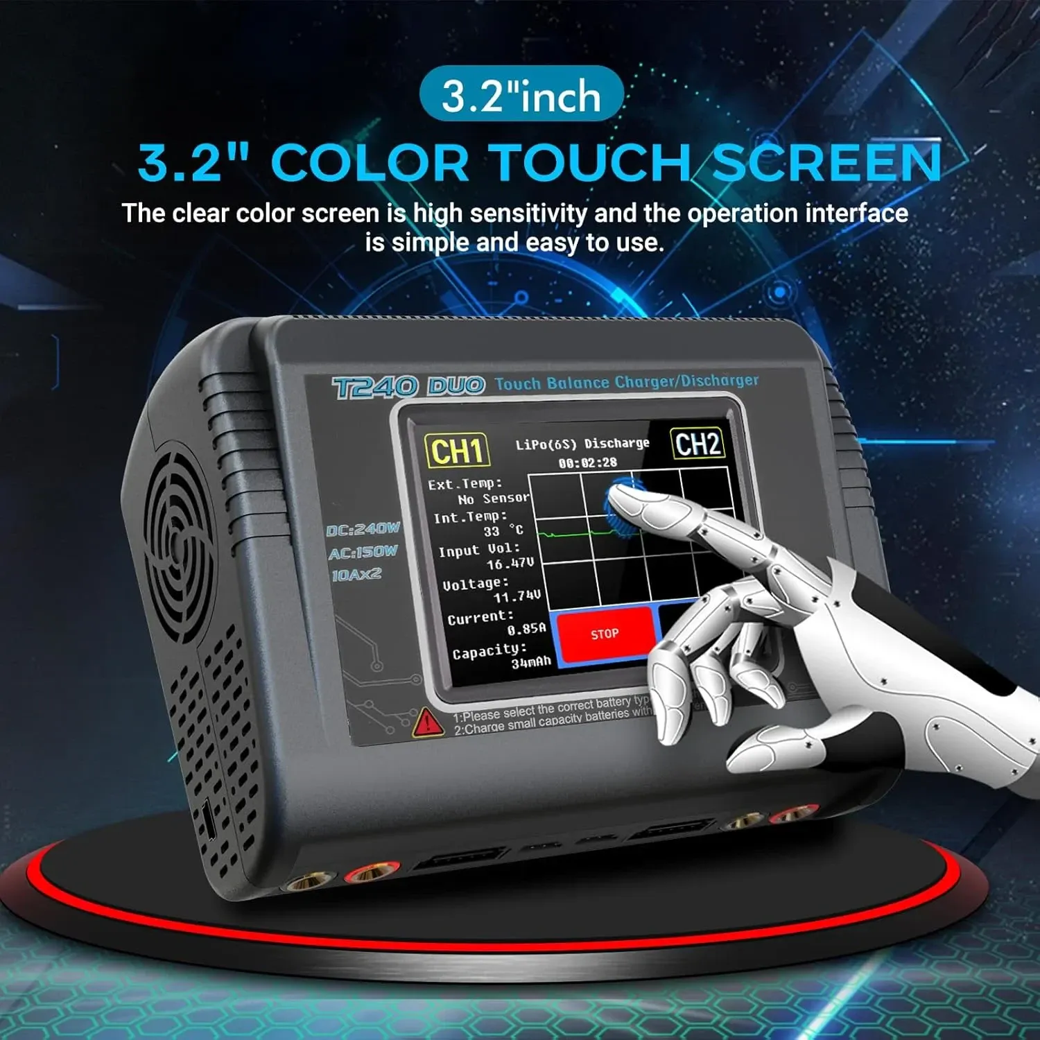 HTRC T240 Duo AC/DC Balance Charger (150W/240W, 10A)