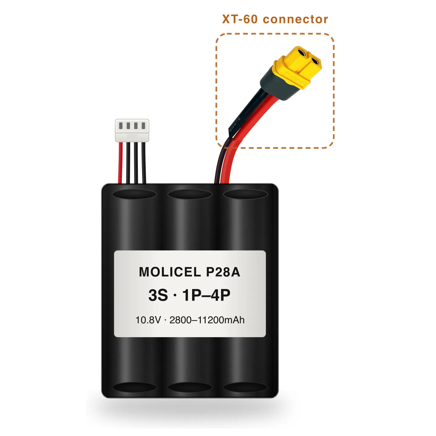 Molicel P28A 3S 1P–4P 2800–11200mAh Li-ion battery pack with XT-60 connector