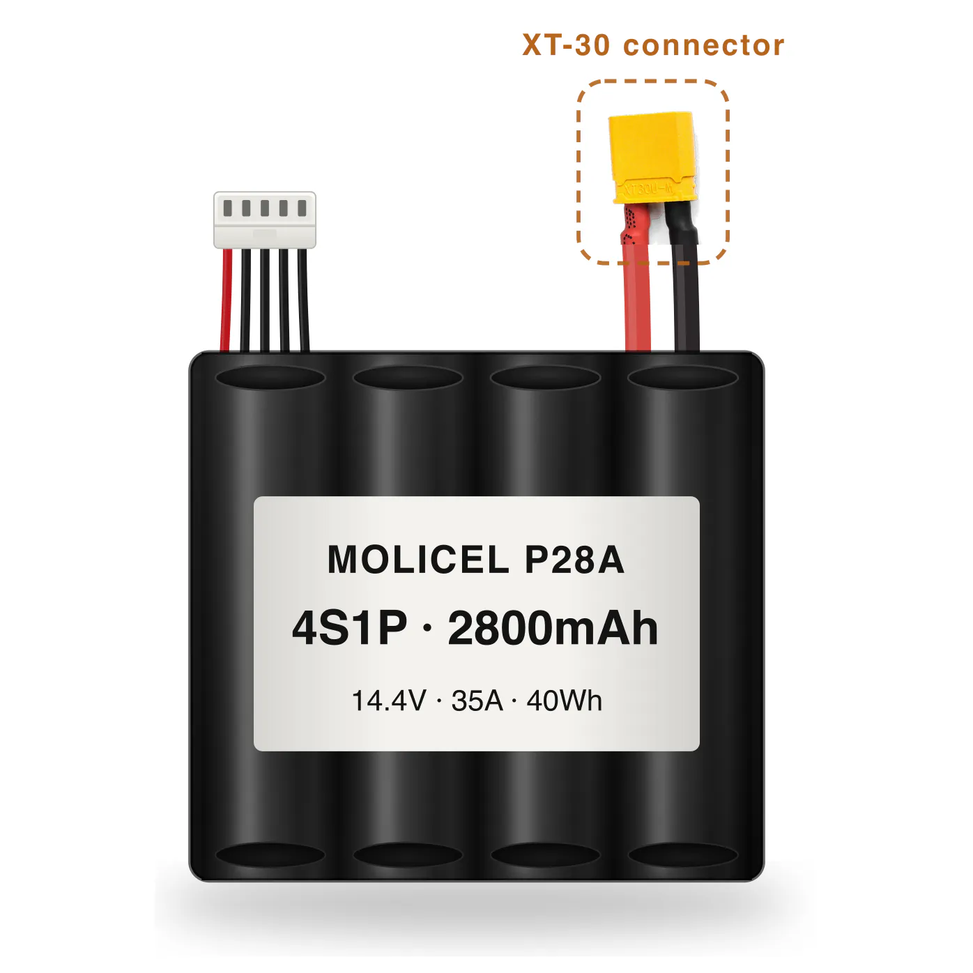 Molicel P28A 4S1P 2800mAh Li-ion battery pack with XT-30 connector