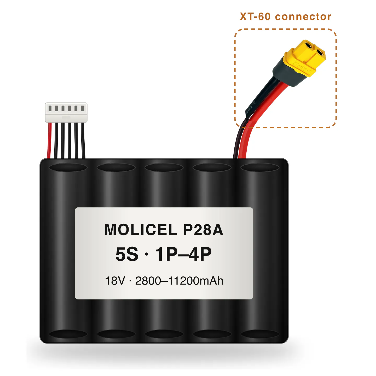 Molicel P28A 5S 1P–4P 2800–11200mAh Li-ion battery pack with XT-60 connector