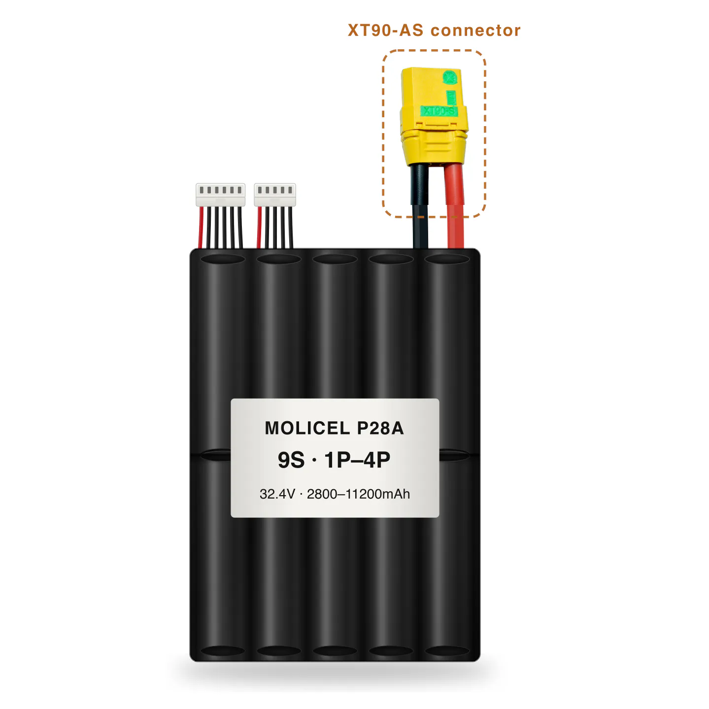 Molicel P28A 9S 1P–4P 2800–11200mAh Li-ion battery pack with XT90-AS connector