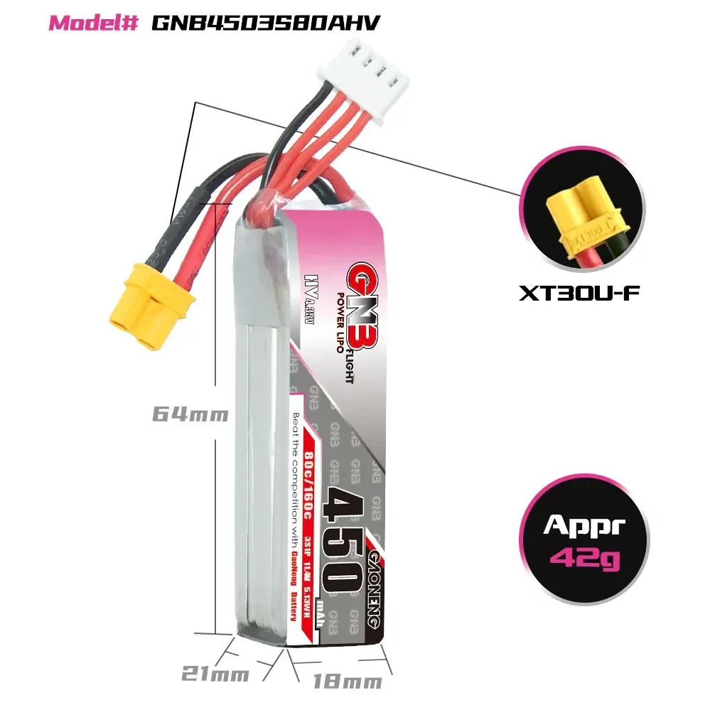GAONENG GNB 450mAh 3S 11.4V 80C LiHV Battery XT30 Long Type