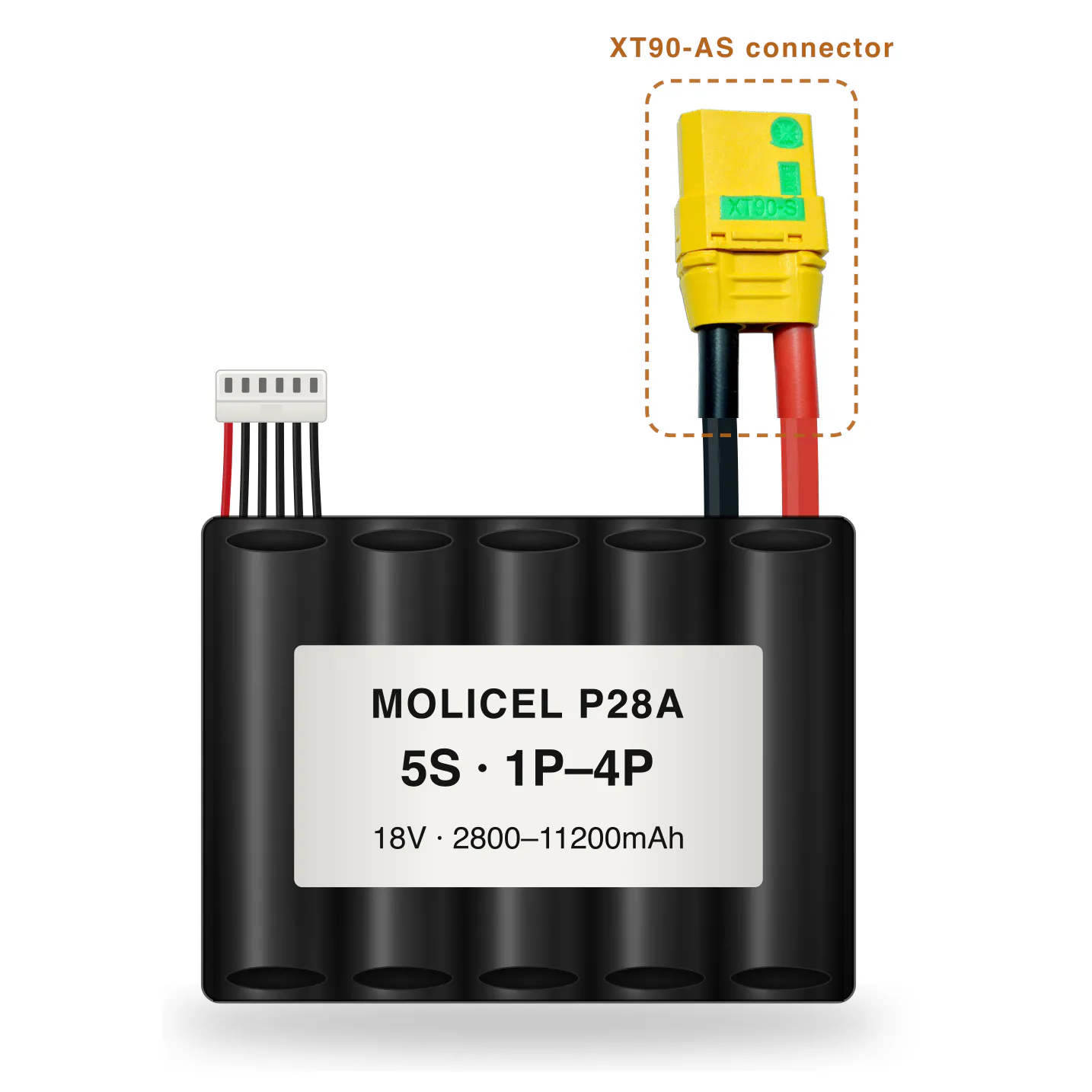 Molicel P28A 5S 1P–4P 2800–11200mAh Li-ion battery pack with XT90-AS connector