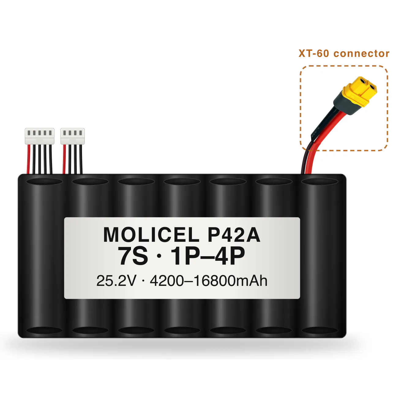Molicel P42A 7S 1P–4P 4200–16800mAh Li-ion battery pack with XT-60 connector