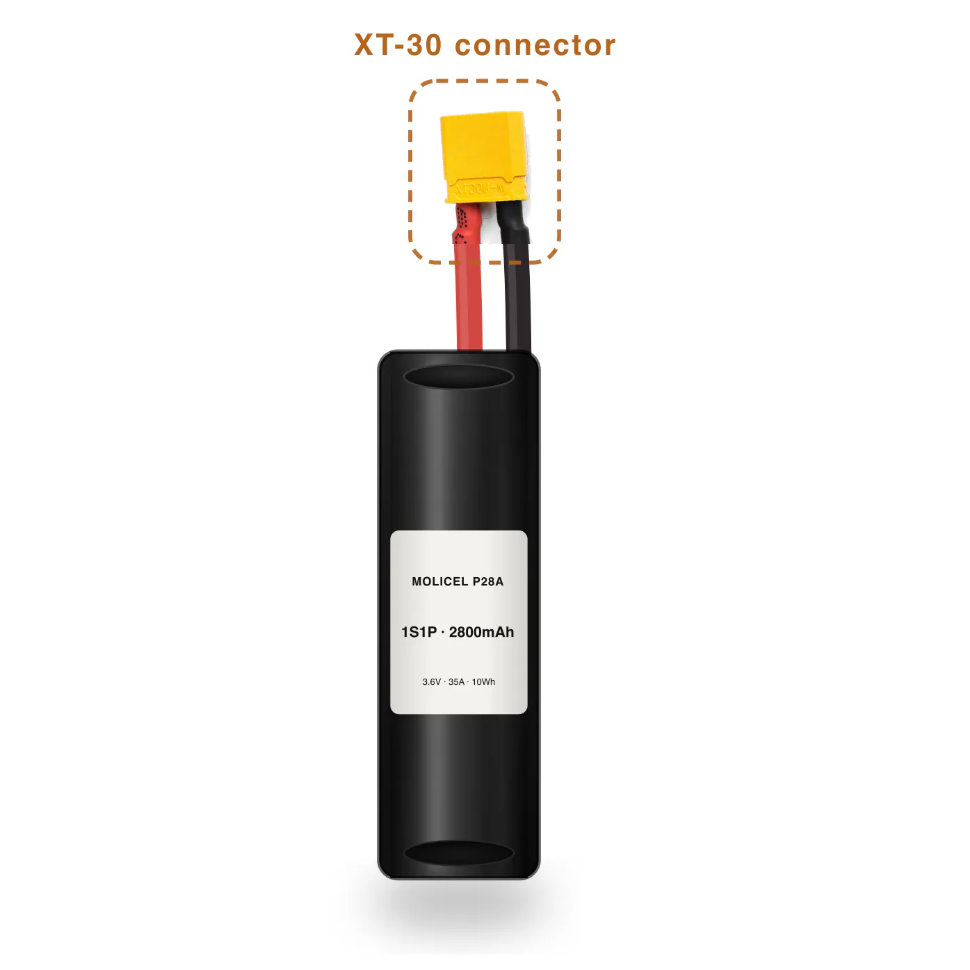 Molicel P28A 1S1P 2800mAh Li-ion battery pack with XT-30 connector